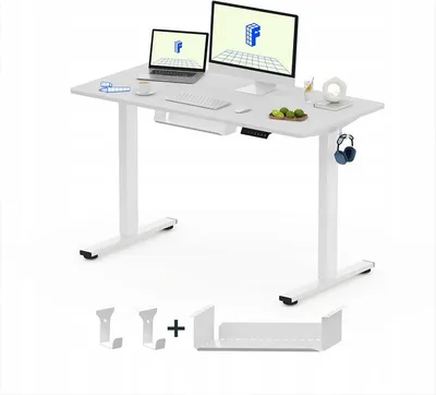 Produktbild von Bürotisch QE1W-1154-EU, mit Höhenverstellung und Schublade, 110 x 54 cm, weiß