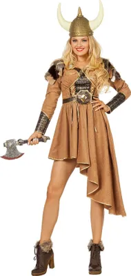 A woman in a Viking costume holding an axe.