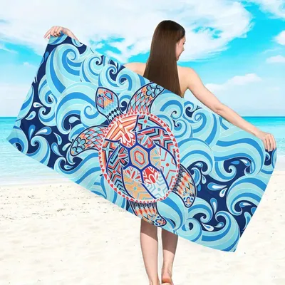 Productafbeelding van Microvezel strandlaken, 180x90 cm, schildpadmotief – houdt zand tegen, droogt snel en is lichtgewicht – compact, ideaal voor zwembad, camping en strand