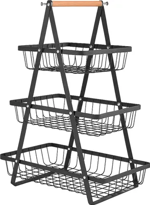 Image de GOTEL Corbeille à fruits et légumes métallique à trois étages – noire, 48 cm