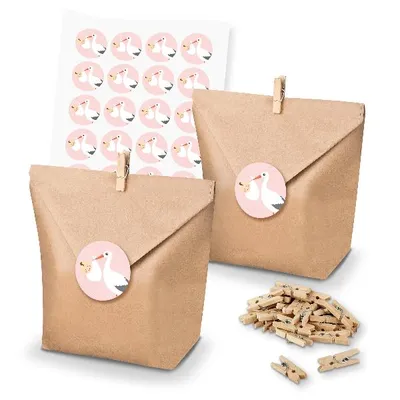 Produktbild von itenga SET 24x Geschenktüten + Klammern Storch mit Baby (Motiv 139)