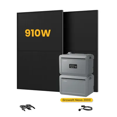 Produktbild von Balkonkraftwerk mit Speicher, Growatt NEXA 2000 Speicher mit NEXA 2000E Erweiterungsbatterie x1 und Astronergy 910W Full Black Bifazial Solarmodule