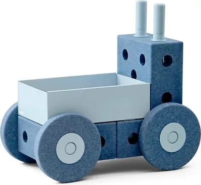 A blue toy tractor with a light blue trailer, shown against a white background.