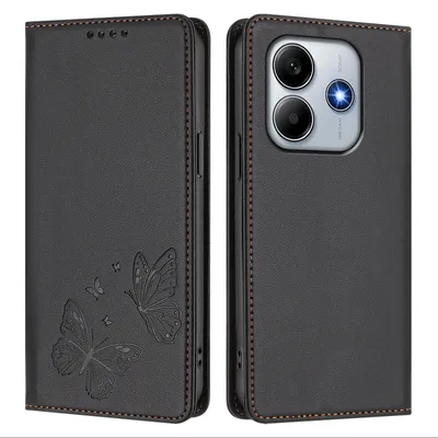 Obrázek produktu pro Kožené pouzdro pro Xiaomi Redmi Note 14 4G, motýlí ražbou, peněženkové flip pouzdro se stojánkem Černá