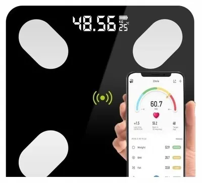 Obrázek produktu pro Inteligentní Bluetooth váha do koupelny, analytická, nosnost 180 kg, skleněná platforma