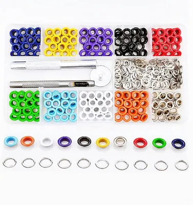 Imagen del producto de Juego de ojales de metal, 5 mm, 400 unidades, 10 colores, con 3 herramientas para tela y cuero