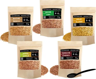 Produktbild von PINI Räucherchips Set 5x1 Liter Woodchips optimale Körnung 4-6 mm sortenreine Räucherspäne Buche Eiche Kirsche Apfel Erle