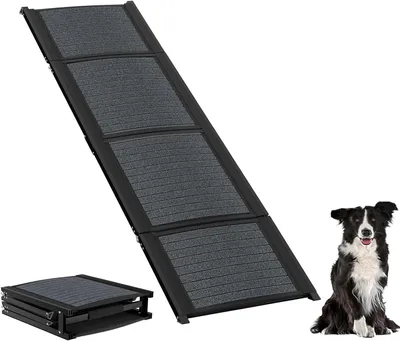 Produktbild von Klappbare Hunderampe aus Aluminium, 157x43cm für Auto, SUV, LKW und Wohnwagen, rutschfest, Tragkraft bis 110 kg, schwarze Hundeautorampe
