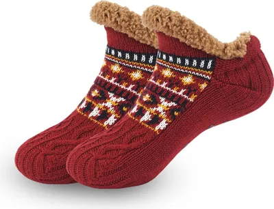 Image de ASKSA Chaussettes d'intérieur Hommes Femmes Chaussettes moelleuses Chaussures d'hiver Chaussures chaudes antidérapantes Chaussettes douillettes, EU 36-44, 1 paire, Vin rouge