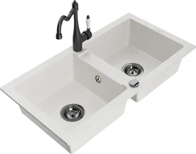 Produktbild von Mexen Mario 2-Becken-Granitspüle mit Mischbatterie Carla, Weiß - 6504-20-670700-70