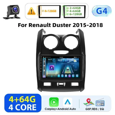 Zdjęcie produktu dla Renault Duster 2015–2018 – radio samochodowe z systemem Android, format 2-DIN, 23 cm – CarPlay – 4+64 GB – GPS i Wi-Fi – rozdzielczość 1024×600 – z kamerą cofania – tryb podzielonego ekranu