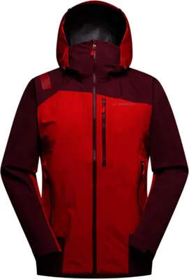 Rote und dunkelrote La Sportiva Alpine Guide GTX Performance Jacke mit Kapuze und Reißverschlusstaschen