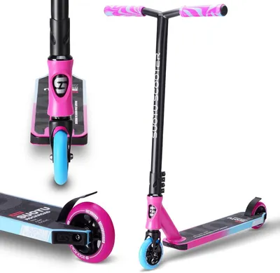 Obrázok produktu pre SUOTU Stunt Scooter Ultra Pro ružovo-modrá, freestyle kolobežka pre deti od 6 rokov a dospelých, guľôčkovými ložiskami ABEC-9, doskou z hliníka 6061