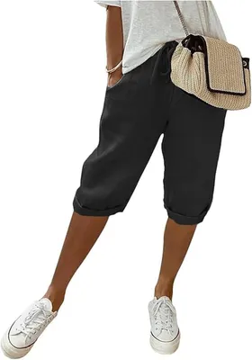 Produktbild von ASKSA Damen Sommer Leinenhose Luftig Hohe Taille Caprihose Locker Elastisch Strandhose Kurzehose, Schwarz, Groesse: XL