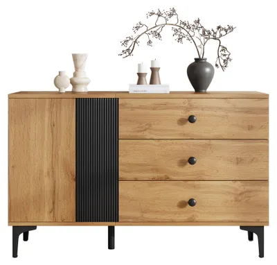 Produktbild von Moonbite Sideboard 120 × 35 × 76 cm mit Streifenfront, Anrichte Schwarz mit 1 Tür und 3 Schubladen, Metallfüße, Buffet Schrank, Spanplatte, Schwarz