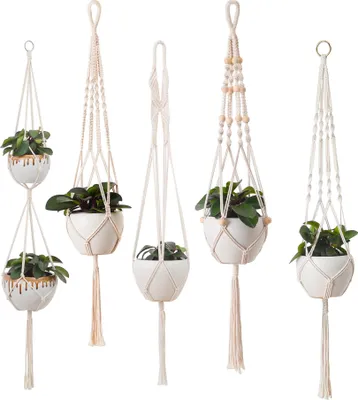 Produktbild von 5er Set Makramee Blumenampel, Boho Deko Baumwollseil Hängeampel Blumentopf Pflanzen Halter Aufhänger für Innen Außen Decken Balkone Wanddekoration