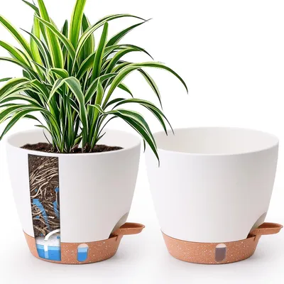 Productafbeelding van Zelfwaterende bloempot, set van 2, 20 cm, wit, met waterniveau-indicator, geschikt voor binnen- en buitengebruik