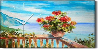 Produktbild von Leinwand Uhr Küche Wohnzimmer Bild 60x30 Ölgemälde Blumen Meer Himmel Kunst - weiße Hände