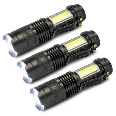 Produktbild von Mini LED-Taschenlampen Glow-Max 3er-Set, mit 2 Lichtquellen, XPE mit Zoom und COB-Seitenlicht, 3 Lichtmodi, wiederaufladbarer Akku, USB