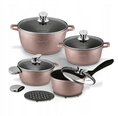 A set of rose gold cookware with glass lids is displayed on a white background.