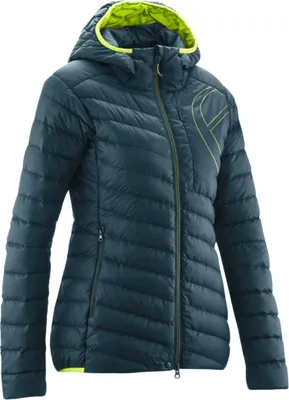 Dunkelblaue Insulationsjacke für Damen von Edelrid mit Kapuze und leuchtend gelben Akzenten.