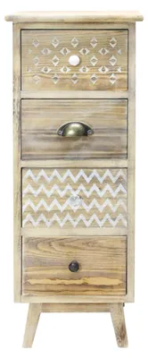 Produktbild von Vintage Holz Nachttisch, Kleine Kommode mit 4 Schubladen, Hellbraun Weiß Antiquarisch, Leinen Verstauraum - Größe: 81,5 × 30 × 30 cm (H×B×T)