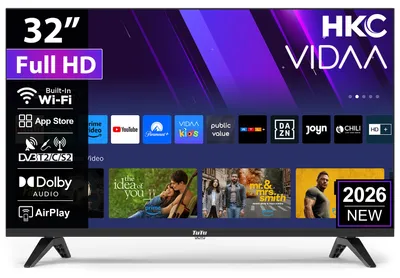 Produktbild von HKC VIDAA Smart TV - LED Full HD - 32 Zoll/81 cm – Streaming-Apps - AirPlay & Hotelmodus - HDMI x3, USB x2, CI+ - Tripple Tuner DVB-T/T2/S/S2/C - Randlos Design - Montiert in Eindhoven, Niederlande - H32N1F-V