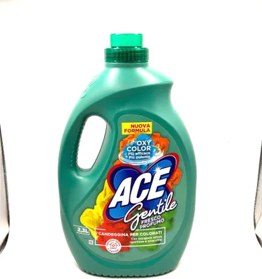 A green plastic bottle of Ace laundry detergent with colorful clothing depicted on the label.