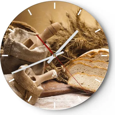 Produktbild von Wanduhr - Rund - Glasuhr - Brot Essen Holz - 30x30cm - Schleichendes Uhrwerk - Lautlos - zum Aufhängen bereit - Dekoration Modern - Wanddekoration aus Glas - C3AR30x30-2398