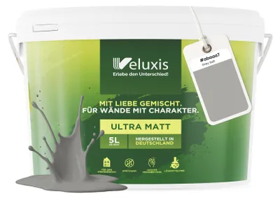 Produktbild von Wandfarbe Grau Anthrazit Hellgrau Matt Innenfarbe – Deckkraft Klasse 1, VOC-frei, Ohne Grundierung, Tropfarm – Wohnzimmer & Schlafzimmer – 5L – Veluxis (Grey Salt)