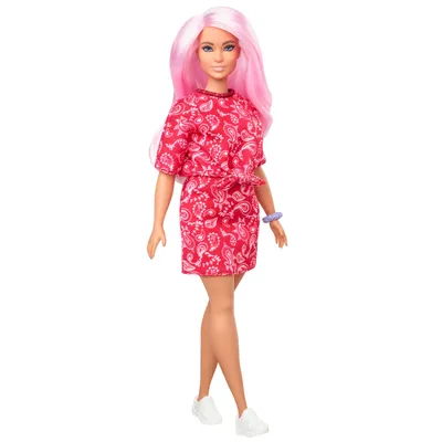 Produktbild von Barbie Fashionistas Puppe (pinkhaarig) mit Bandanakleid, Anziehpuppe, Modepuppe