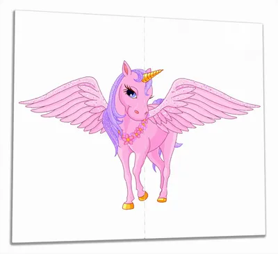 Produktbild von Wallario Herdabdeckplatte aus Glas, Größe 60 x 52 cm 2-teilig, Motiv Rosa Einhorn mit großen Flügeln