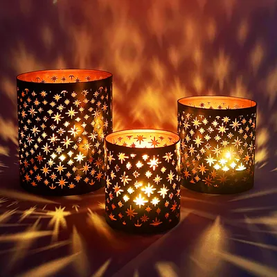 Produktbild von MARRAKESCH 3er Set Windlicht 14cm Gross aus Metall Orientalische Teelichthalter Hamman Schwarz Kupfer als Tischdeko
