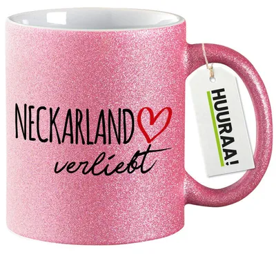 Produktbild von Huuraa Glitzertasse Neckarland verliebt 330ml Pink Keramik Kaffeebecher Geschenkidee