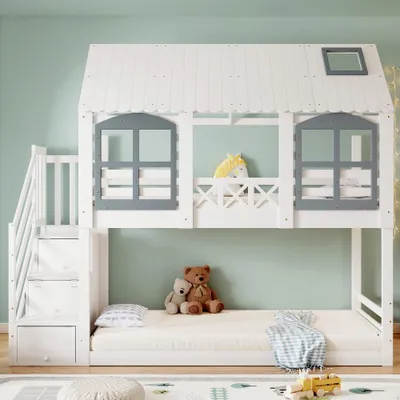 Productafbeelding van Stapelbed 90x200 cm, gemaakt van grenen en MDF, met een dak, raam, valbeveiligingsrek en een trap met opbergruimte, wit-grijs, voor kinderkamers
