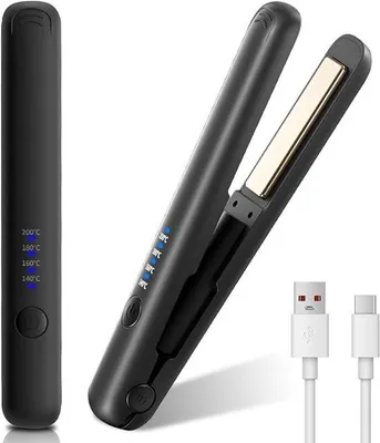 Obrázek produktu pro Cestovní žehlička na vlasy 2 v 1, bezdrátová, nabíjení přes USB-C, 4 teplotní stupně, LCD displej, rychlý náběh teploty za 30 sekund, přenosná, černá