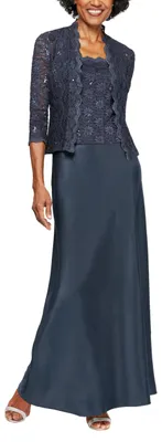 Image de Robe deux pièces pour la mère de la mariée, modèle Alex Damen, avec veste en dentelle (tailles petites et régulières)