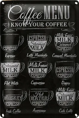 Produktbild von Blechschild Kaffee 40x30cm Coffee Menu Espresso Latte Flat