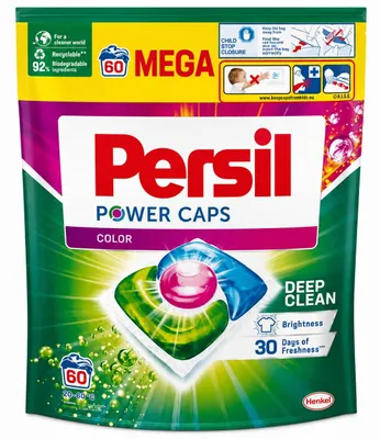 Zdjęcie produktu dla Persil A60 Power Color – kapsułki do prania, 60 dawek – kapsułki detergentu Persil do pralki, zapewniające czystość ubrań, usuwanie plam, głębokie czyszczenie, świeży zapach, przeznaczone do prania kolorowych i uniwersalnych tkanin, opakowanie ekonomiczne, idealne do domu i codziennego użytku