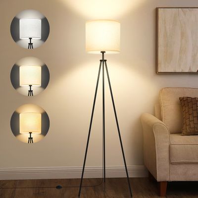 7MAGIC Stehlampe Wohnzimmer mit 12W LED Glühbirne E27, Leinen Lampenschirm, Metall Tripod, Fußschalter, 3 Farbtemperaturen Einstellbar, Moderne Standleuchte für Wohnzimmer, Schlafzimmer, Büro, Hotel