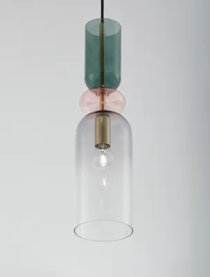 A hanging pendant light with multiple colored glass components.