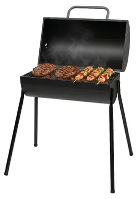 Immagine prodotto di Barbecue a carbone compatto, in acciaio nero - Superficie di cottura: 60x37 cm - Ideale per giardino, patio e uso esterno