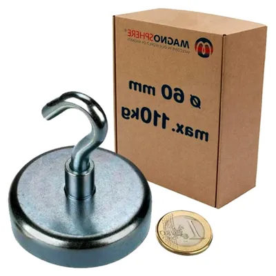 Produktbild von Neodym-Magnethaken mit Haken - Ø 60 mm - Zinkbeschichtet - Hält bis zu 110 kg
