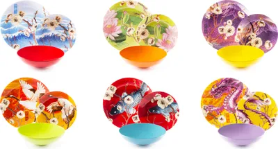 Six sets of decorative plates and bowls are arranged in two rows of three.