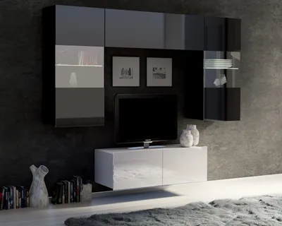Produktbild von kompakte Wohnwand Amanda VI Oberschrank mit zwei Vitrinen und TV Schrank Wohnzimmer-Set (Schwarz matt + Schwarz Hochglanz Fronten / Weiß matt + Weiß Hochglanz Fronten)