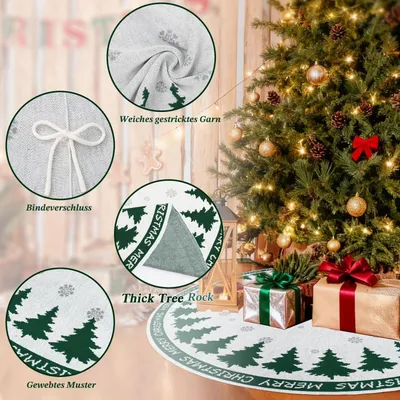 Image de Nappe de Noël tricotée, blanche et verte, 120 cm, motif flocons de neige
