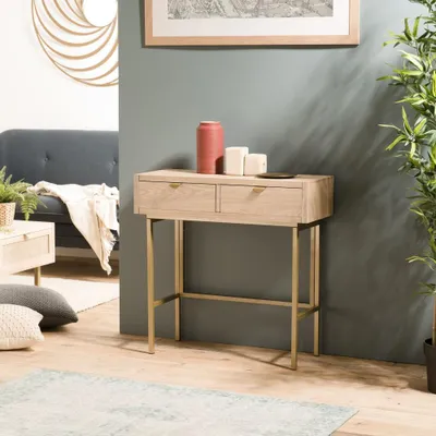 Image de ALINE - Console bois 2 tiroirs pieds métal doré