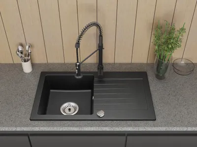 Produktbild von [Granitspüle 75x43,5 in verschiedenen Farben+ Armatur Spiral] Hochwertig beidseitig Montierbar Küchenspüle Eckig Einbaugranitspüle Granit Spülbecken f. Unterschränke ab 45 cm inkl.Siphon Set, Farben:Schwarz Granit Spiral Schwarz