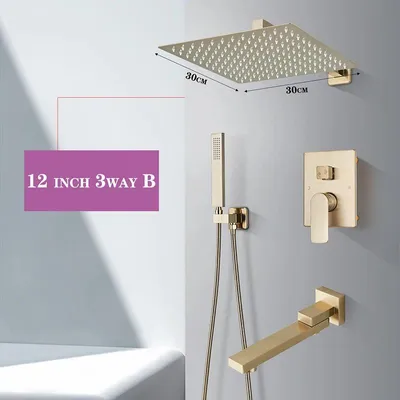Obrázek produktu pro Sprchový set do omítky, dešťová sprcha - sprchová baterie se třemi výstupy - sprchová hlavice 30 cm - výtok pro vanu ve tvaru vodopádu - jednopáková baterie s regulací teplé a studené vody - povrchová úprava: kartáčované zlato