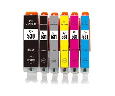 A set of six ink cartridges for a printer, arranged in a row against a white background.